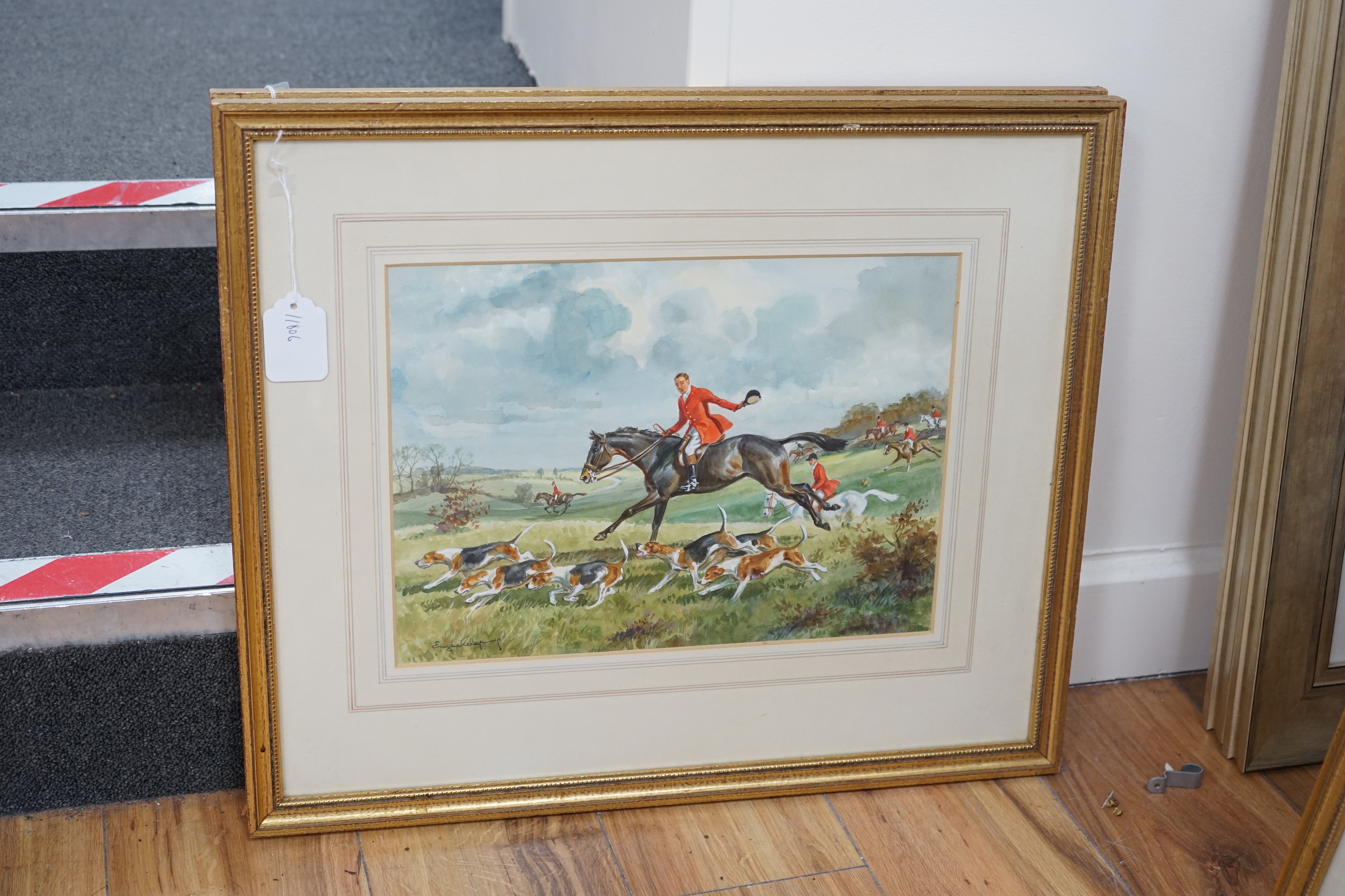 Set of four hunting interest watercolours, Huntsmen on horseback with hounds, each indistinctly signed, 26 x 36cm